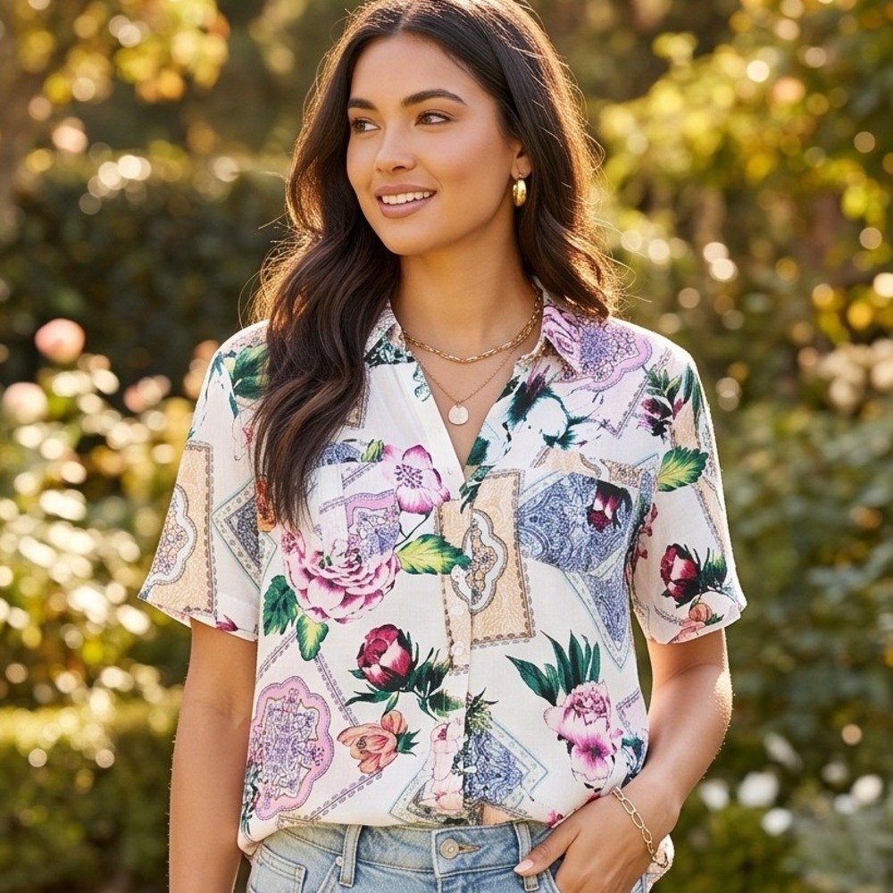 Chico's 2 Floral Medallion Button Down Shirt Short Sleeve Large Multi Color Boho